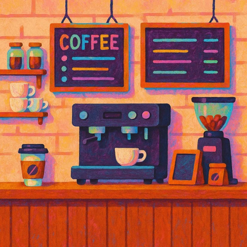 An indie coffee shop with chalkboard menus in vibrant pastels