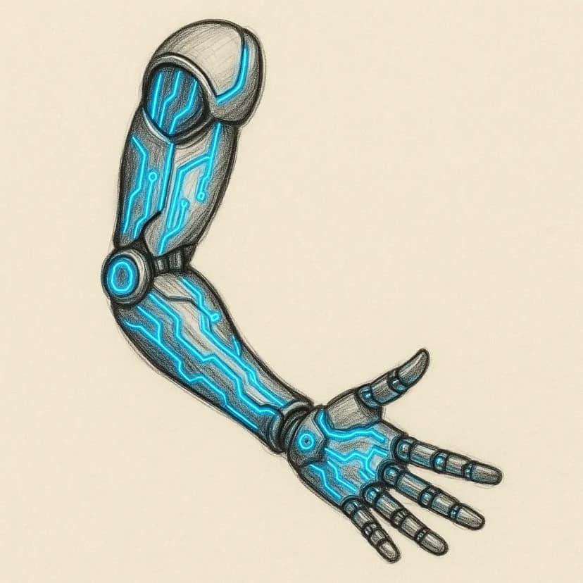 A cybernetic prosthetic arm with glowing blue circuitry