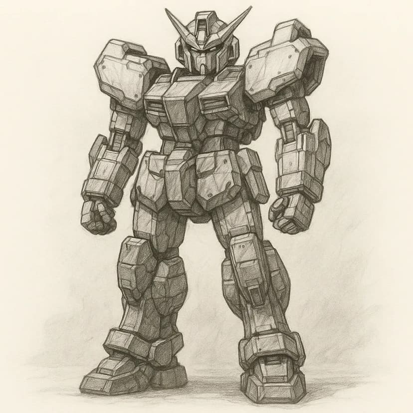 An anime mecha design with towering titanium armor