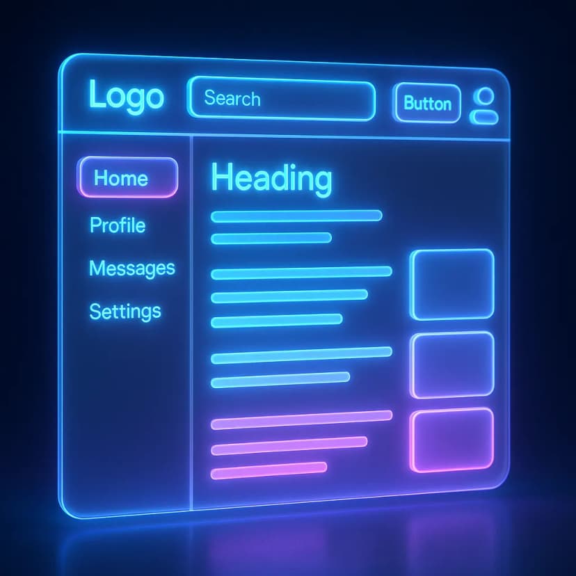 A holographic UI design with glowing 3D icons floating in a translucent interface