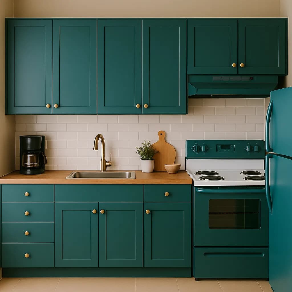 Image transformed with spanish interior design style: [image-1ccc030b-fa8d-45e0-9955-cfcfb93dc0ac] A mid-century modern kitchen with sleek teal cabinets