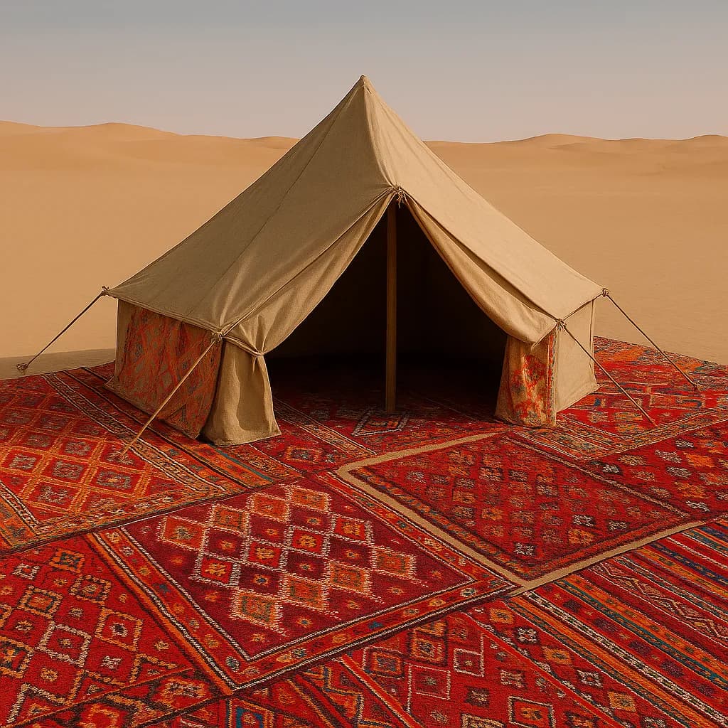 AI generated image: A Moroccan desert camp with vibrant Berber rugs. High-quality digital artwork created with AI image generation.