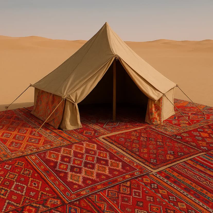 A Moroccan desert camp with vibrant Berber rugs