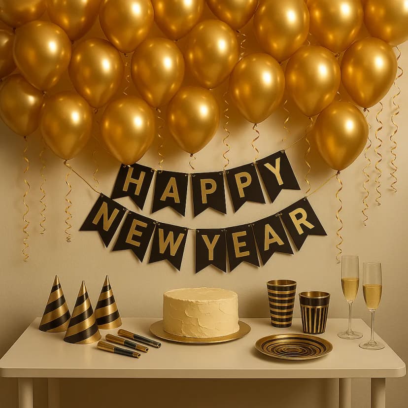 A glamorous New Year’s Eve party with cascading gold balloons