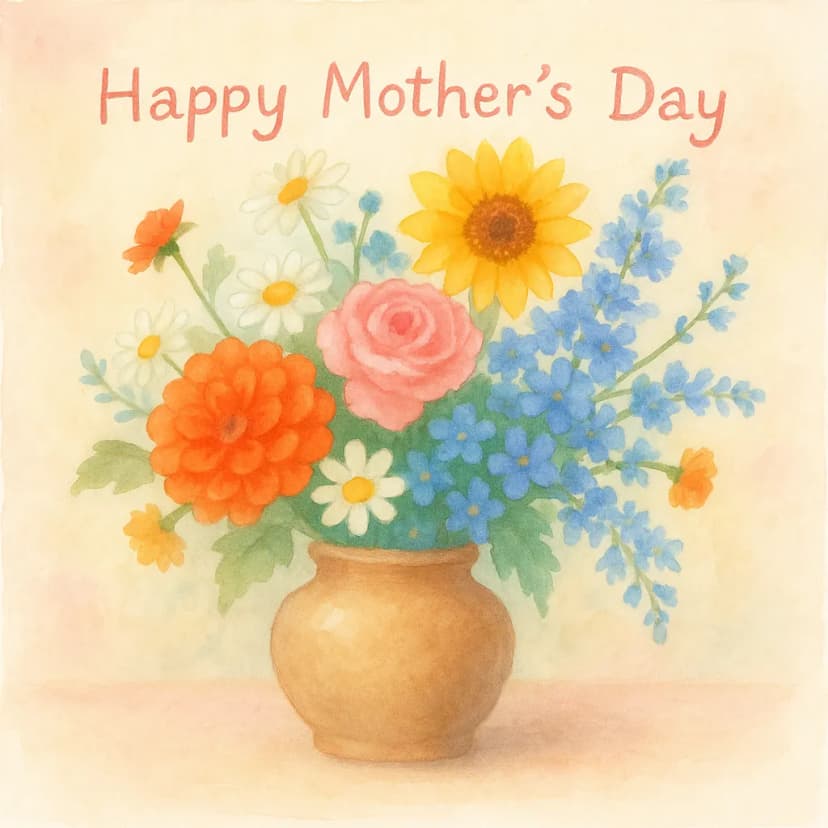 Mother's Day bouquet in the style of a handmade greeting card, watercolor, soft pastels, heartfelt and sentimental