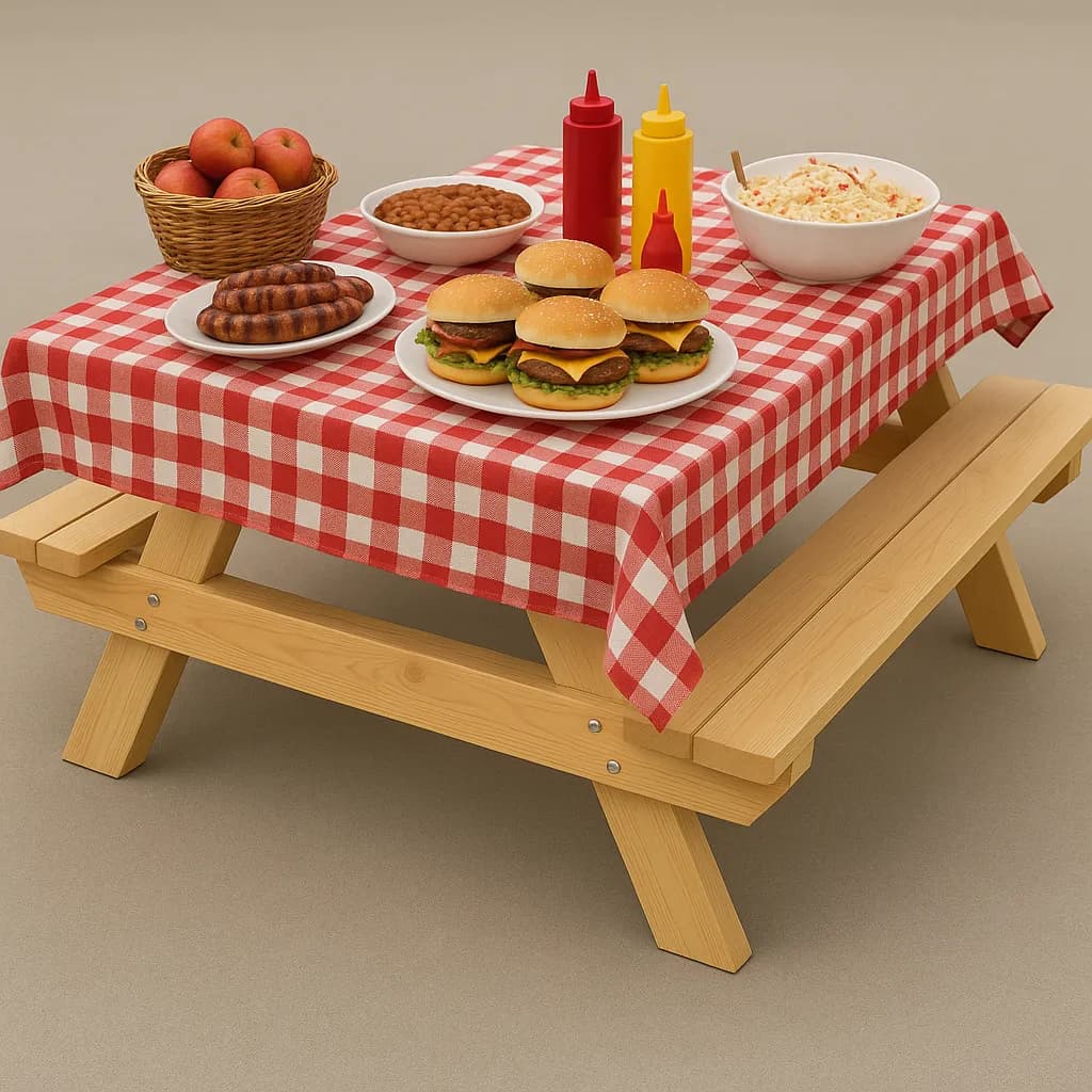 Image transformed with rustic loft patio style: [image-c314454c-b6d2-4208-883d-b501be7ddd6b] A rustic BBQ picnic with a checkered red tablecloth