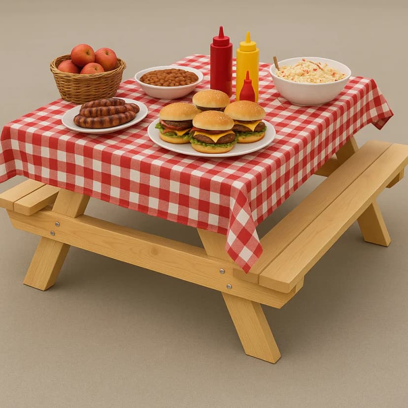 A rustic BBQ picnic with a checkered red tablecloth