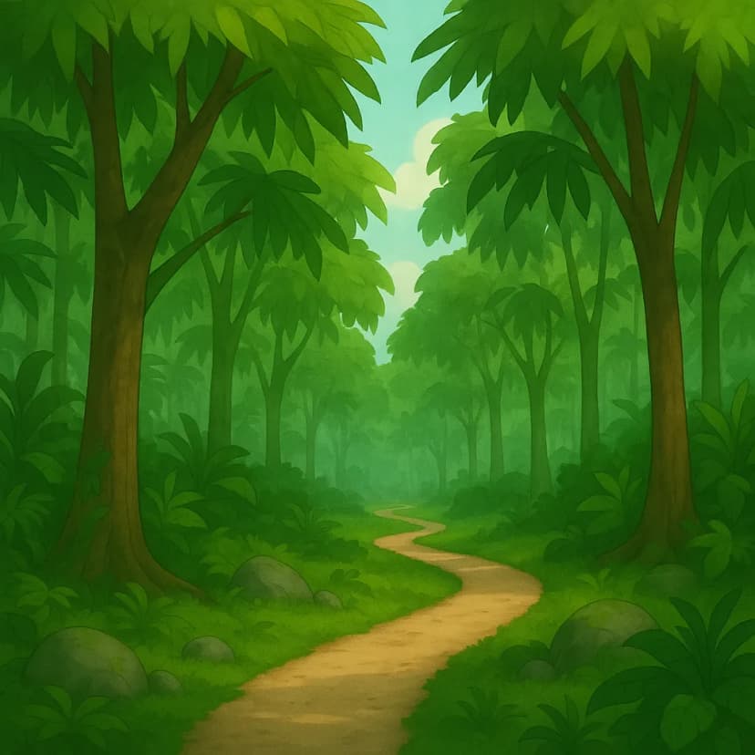 A tropical rainforest canopy with lush emerald foliage