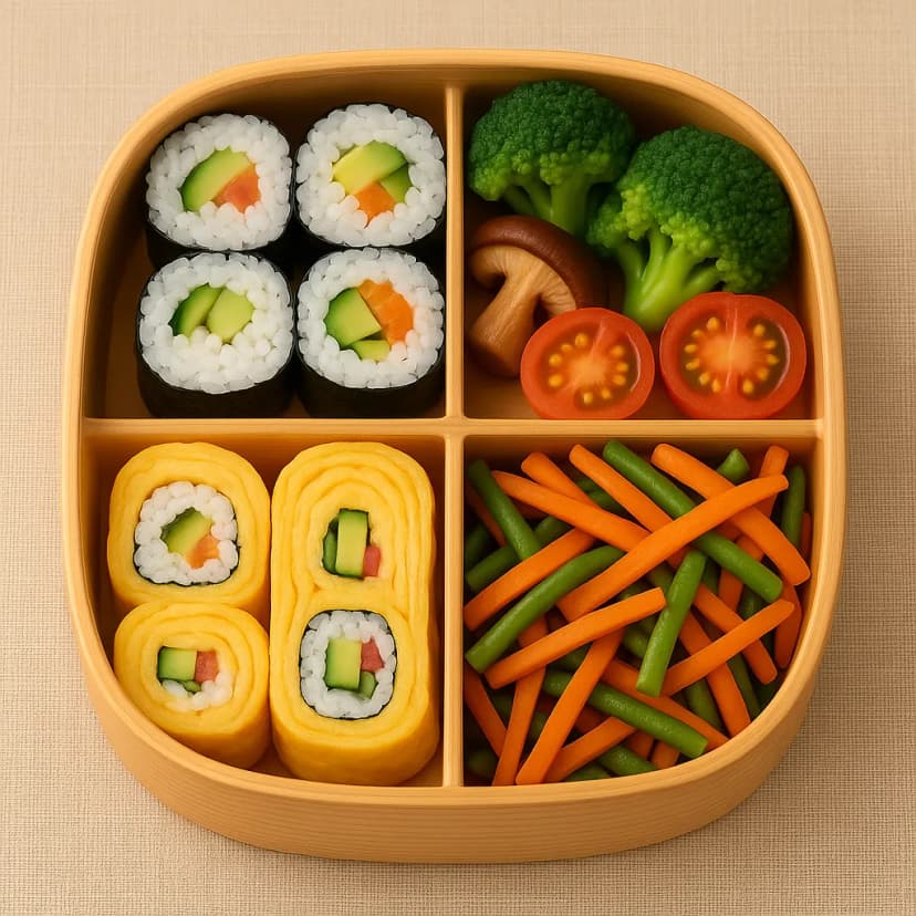 A Japanese bento box masterpiece with vibrant sushi rolls