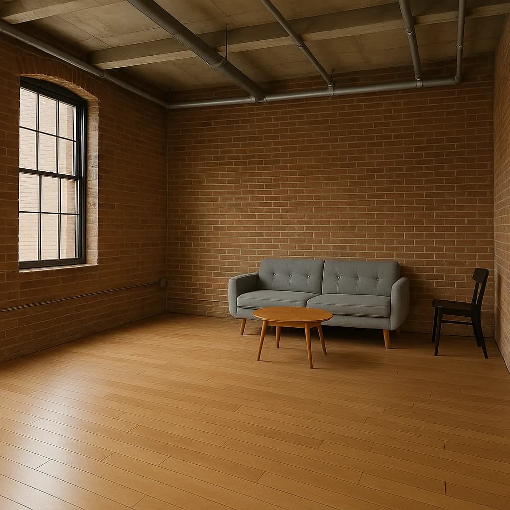 Image transformed with rustic loft patio style: [image-8c7d073d-8f29-4052-bd06-98c3e3017c14] An industrial loft with raw exposed brick