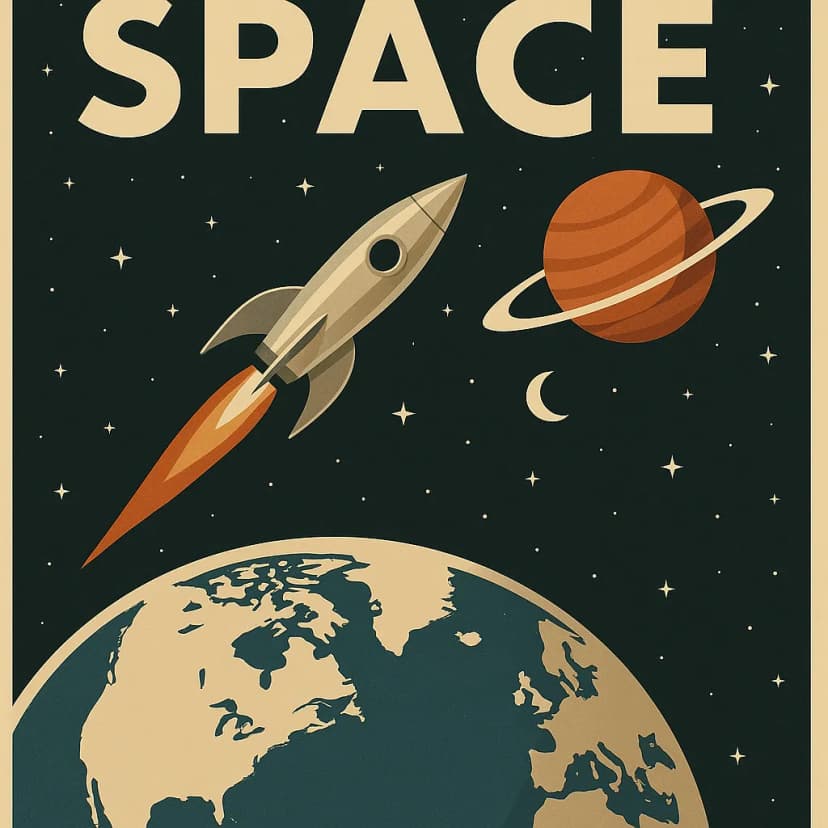 A retro space exploration poster with a sleek silver rocket