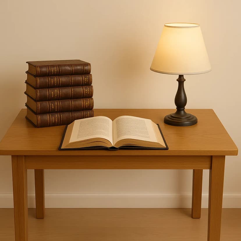 A cozy book club setup with stacked leather-bound books