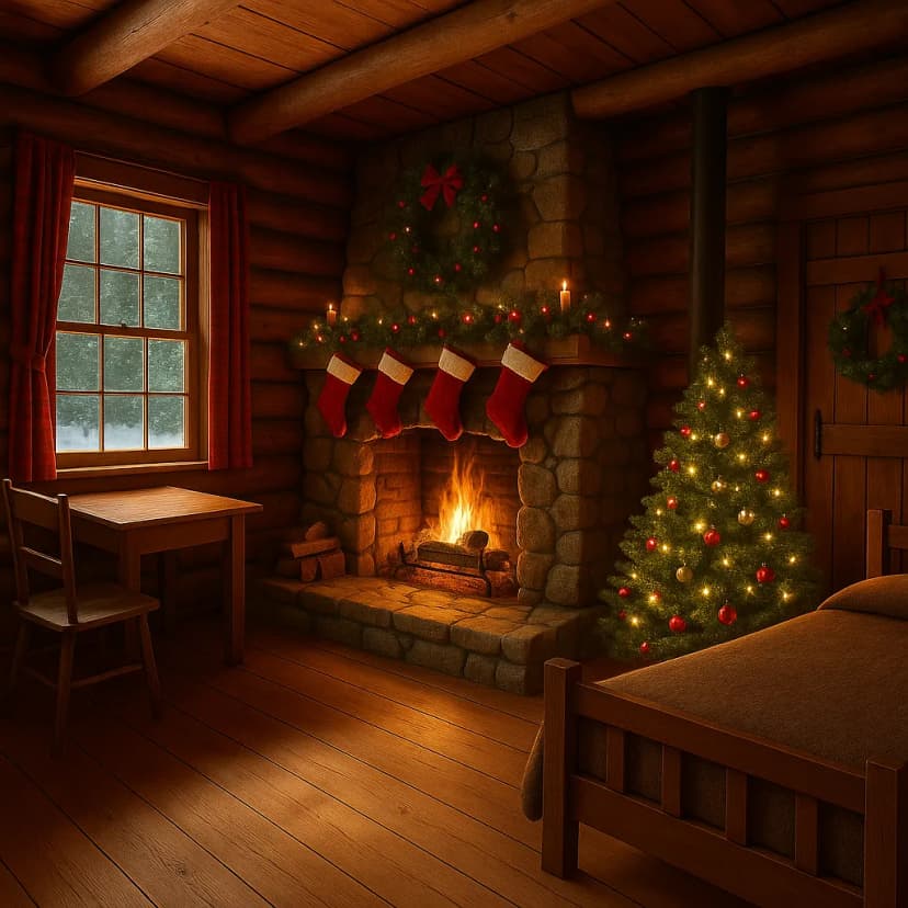 A cozy Christmas cabin with a crackling stone fireplace