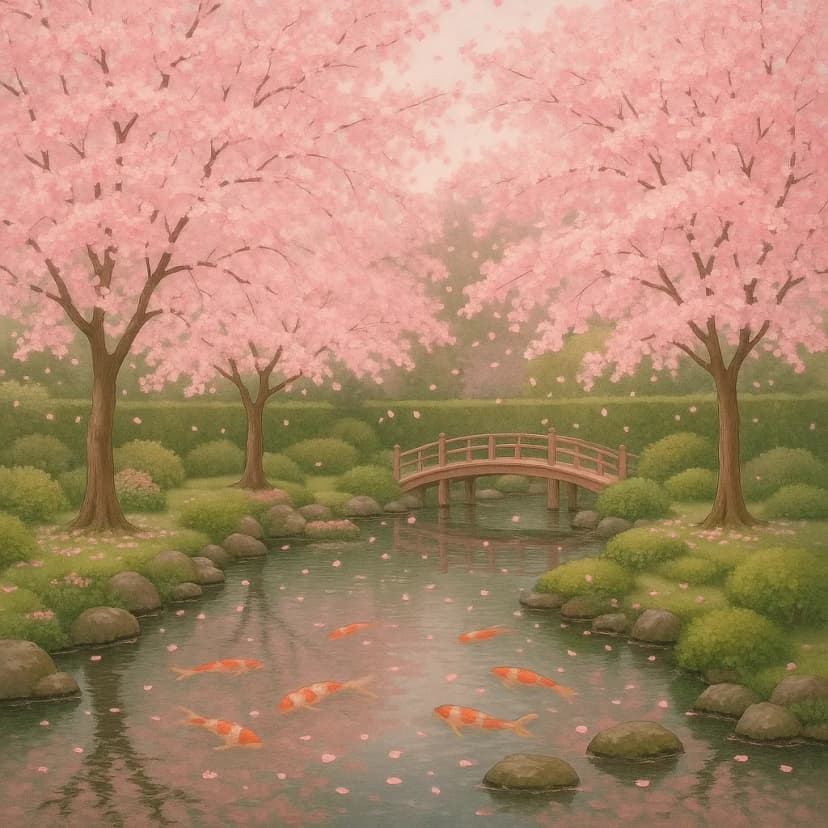 A Japanese cherry blossom garden with delicate pink petals floating over a tranquil koi pond