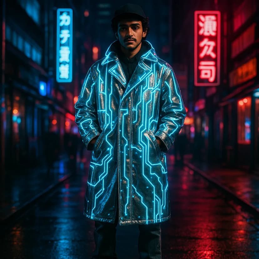 A cyberpunk street fashion icon in a reflective chrome trench coat with pulsing neon blue circuits