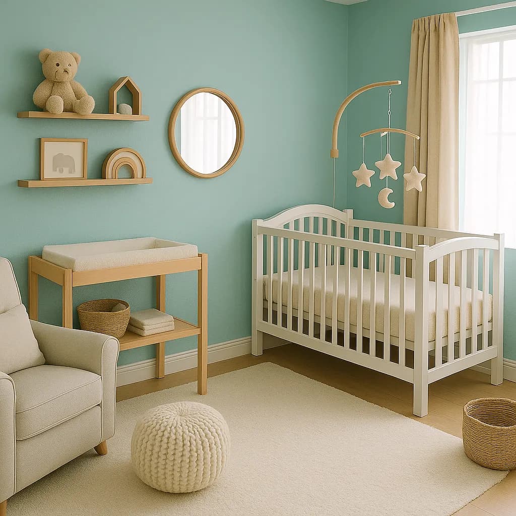 Image transformed with spanish interior design style: [image-4752782d-3818-47c7-850d-9126740902e1] A coastal bohemian nursery with soft aqua walls
