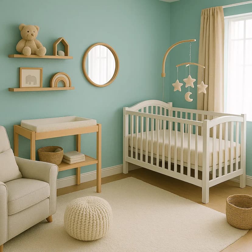 A coastal bohemian nursery with soft aqua walls