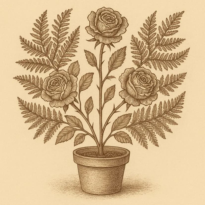 A vintage botanical illustration with detailed ferns and roses in sepia ink