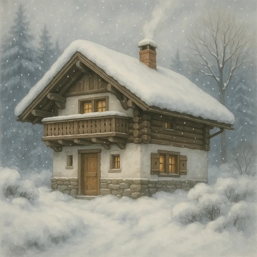 AI generated image: An alpine chalet in winter with snow-draped timber walls. High-quality digital artwork created with AI image generation.