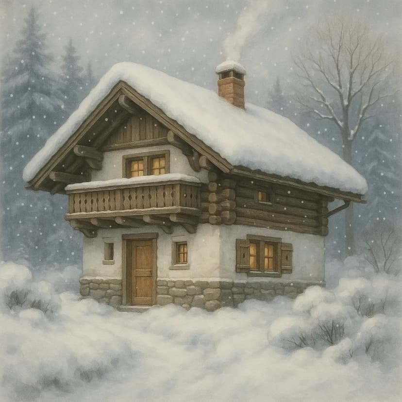An alpine chalet in winter with snow-draped timber walls