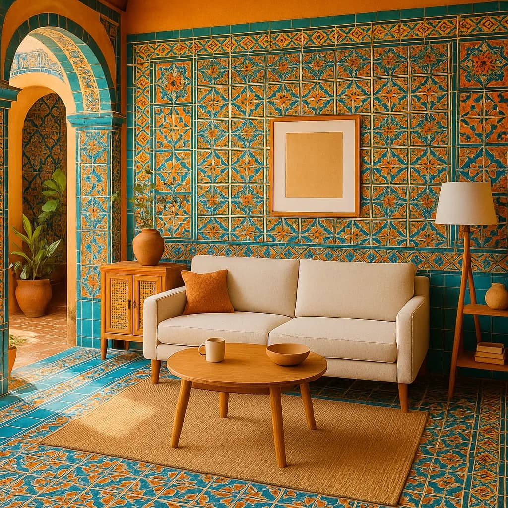Image transformed with rustic loft patio style: [image-adf0da31-e015-45e9-b1f1-d32289971201] A vibrant Spanish-style courtyard living room with hand-painted Talavera tiles in turquoise and saffron