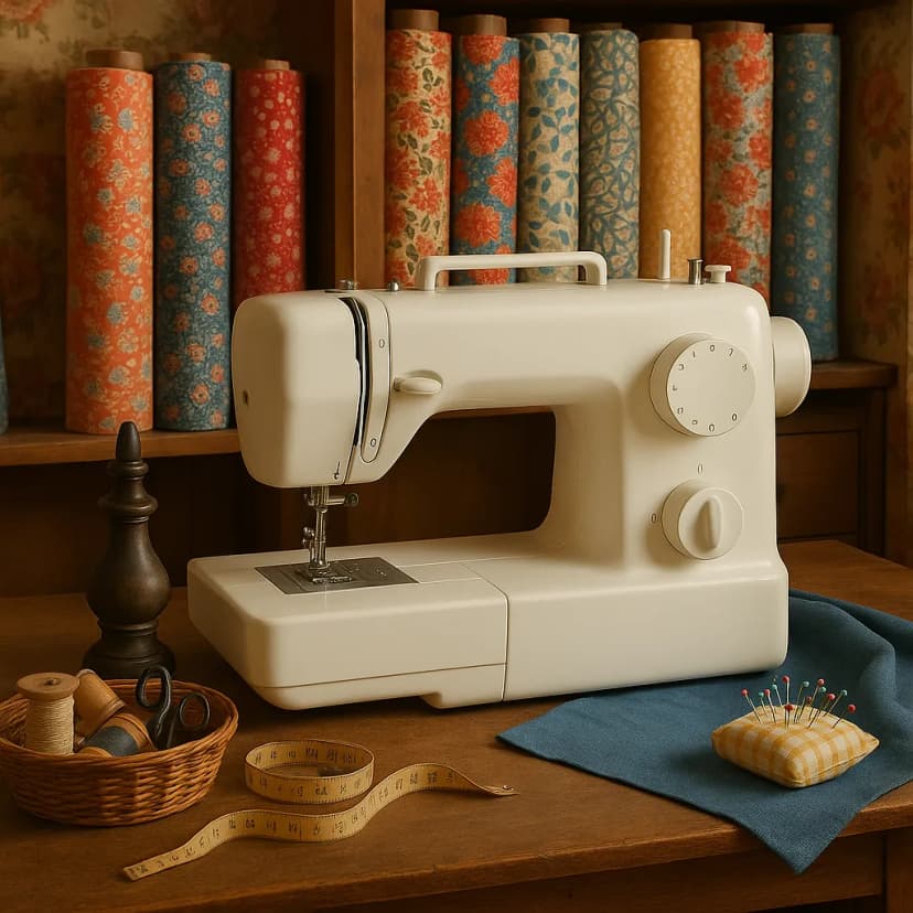 A vintage sewing room with colorful fabric bolts