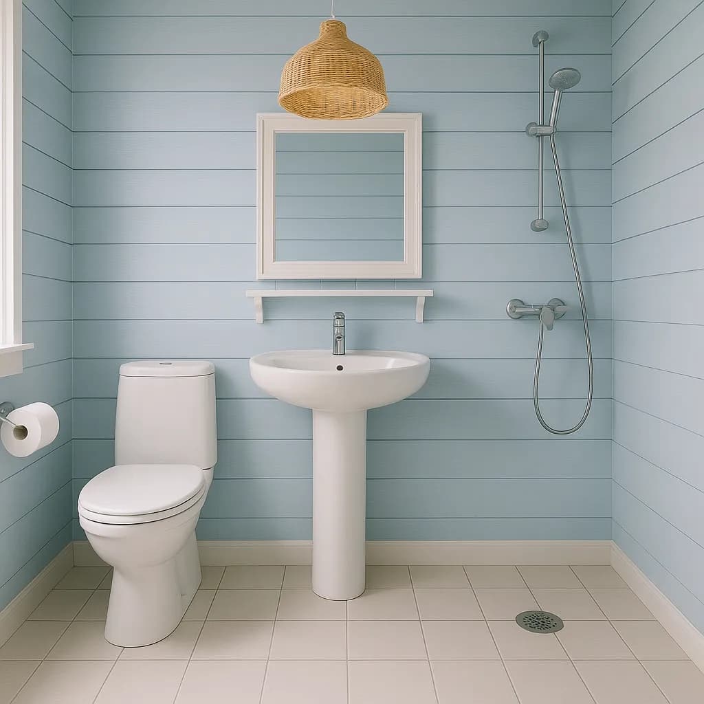 Image transformed with spanish interior design style: [image-626ae6b9-2965-4f91-8d6c-233b9faccb37] A coastal Hamptons bathroom with shiplap walls in soft blue