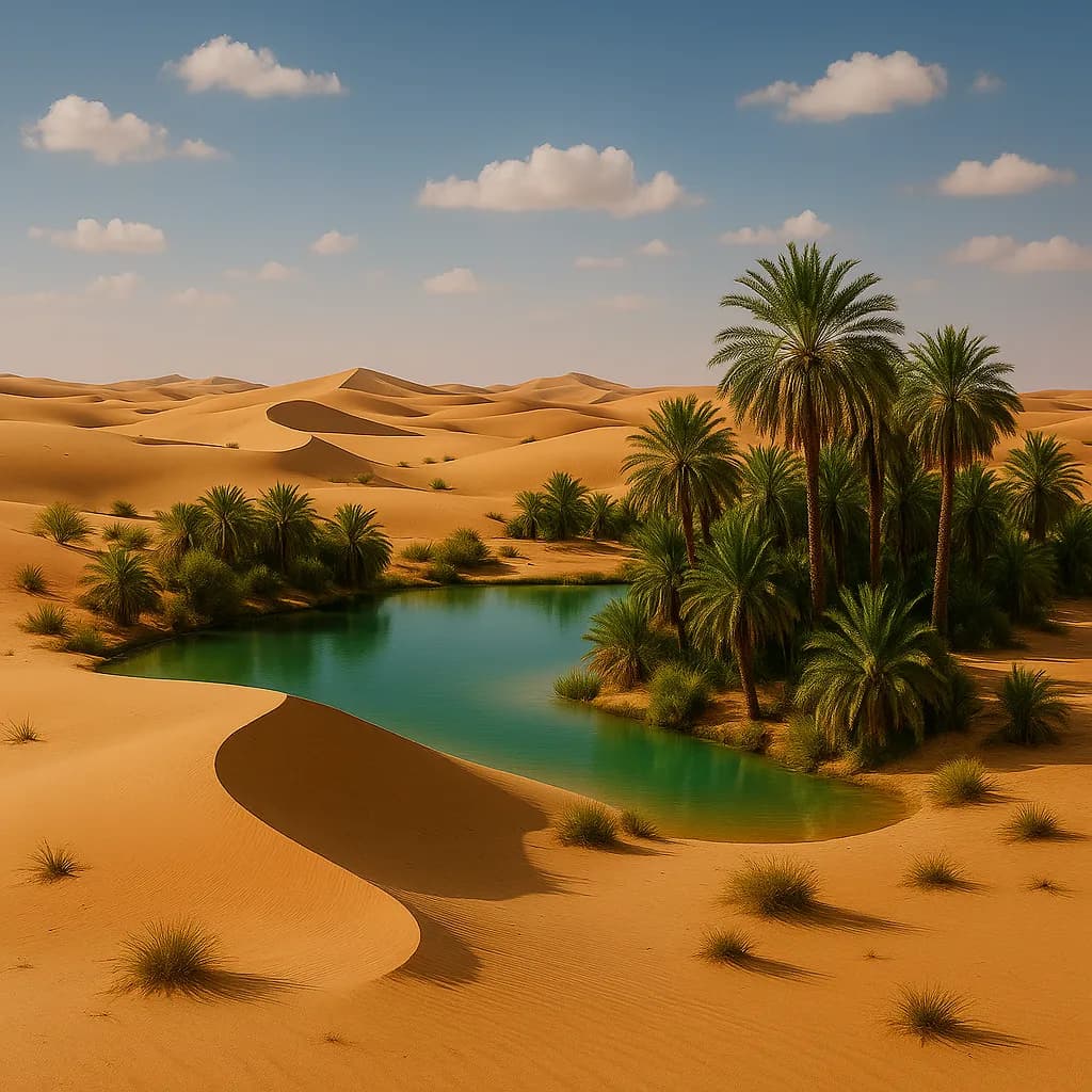 AI generated image: A Sahara desert oasis with golden dunes. High-quality digital artwork created with AI image generation.