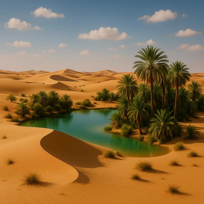 A Sahara desert oasis with golden dunes