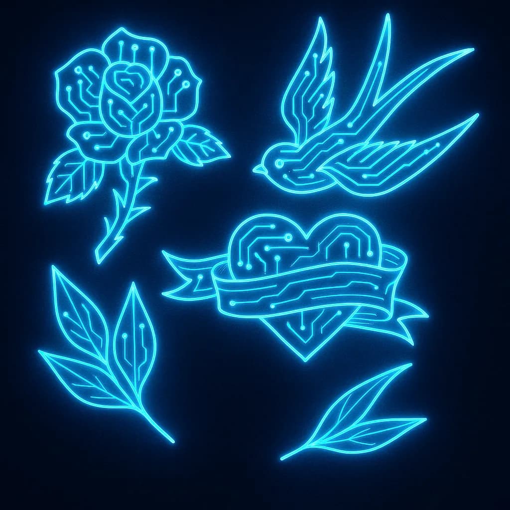 AI generated image: A futuristic tattoo design with glowing geometric circuits in neon blue. High-quality digital artwork created with AI image generation.