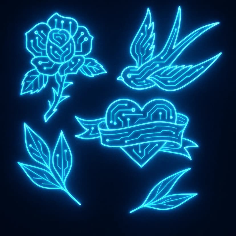 A futuristic tattoo design with glowing geometric circuits in neon blue