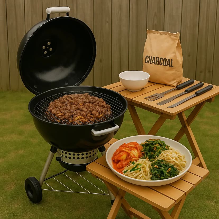 A Korean BBQ table with sizzling bulgogi
