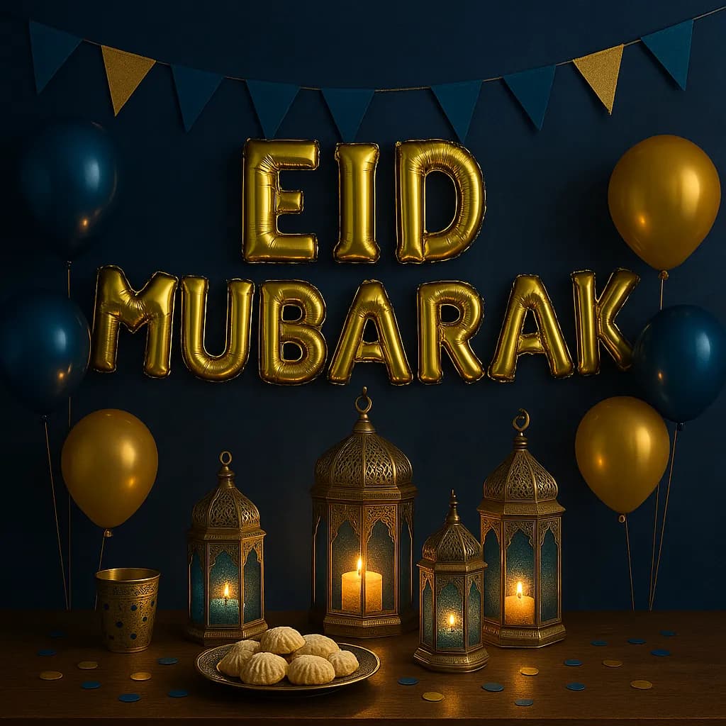 AI generated image: An elegant Eid celebration with intricate brass lanterns glowing in sapphire and gold. High-quality digital artwork created with AI image generation.