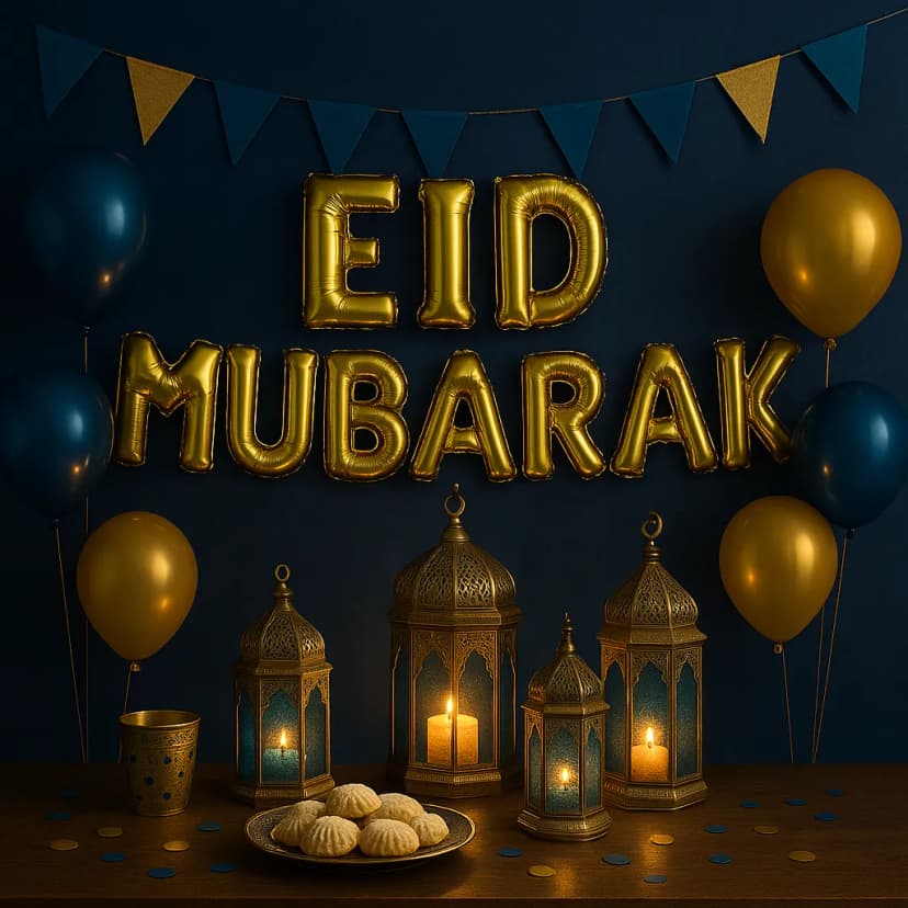 An elegant Eid celebration with intricate brass lanterns glowing in sapphire and gold