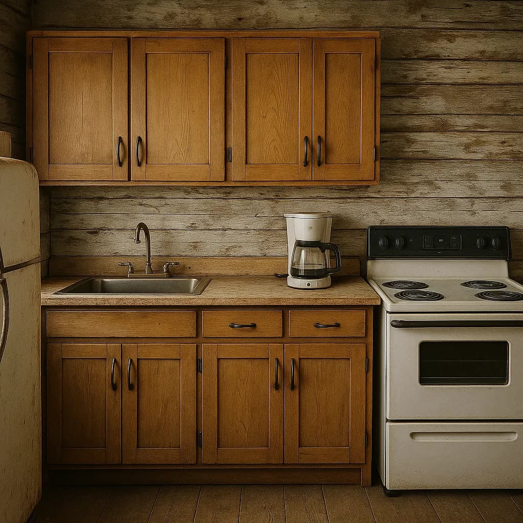 Image transformed with rustic loft patio style: [image-e8676201-55d3-4af3-93ef-c50ea4bf758f] A rustic farmhouse kitchen with weathered shiplap walls