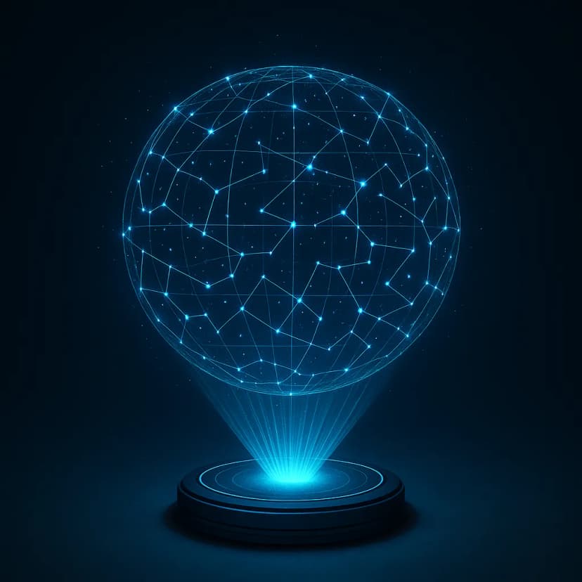 A sci-fi holographic display with glowing 3D star charts