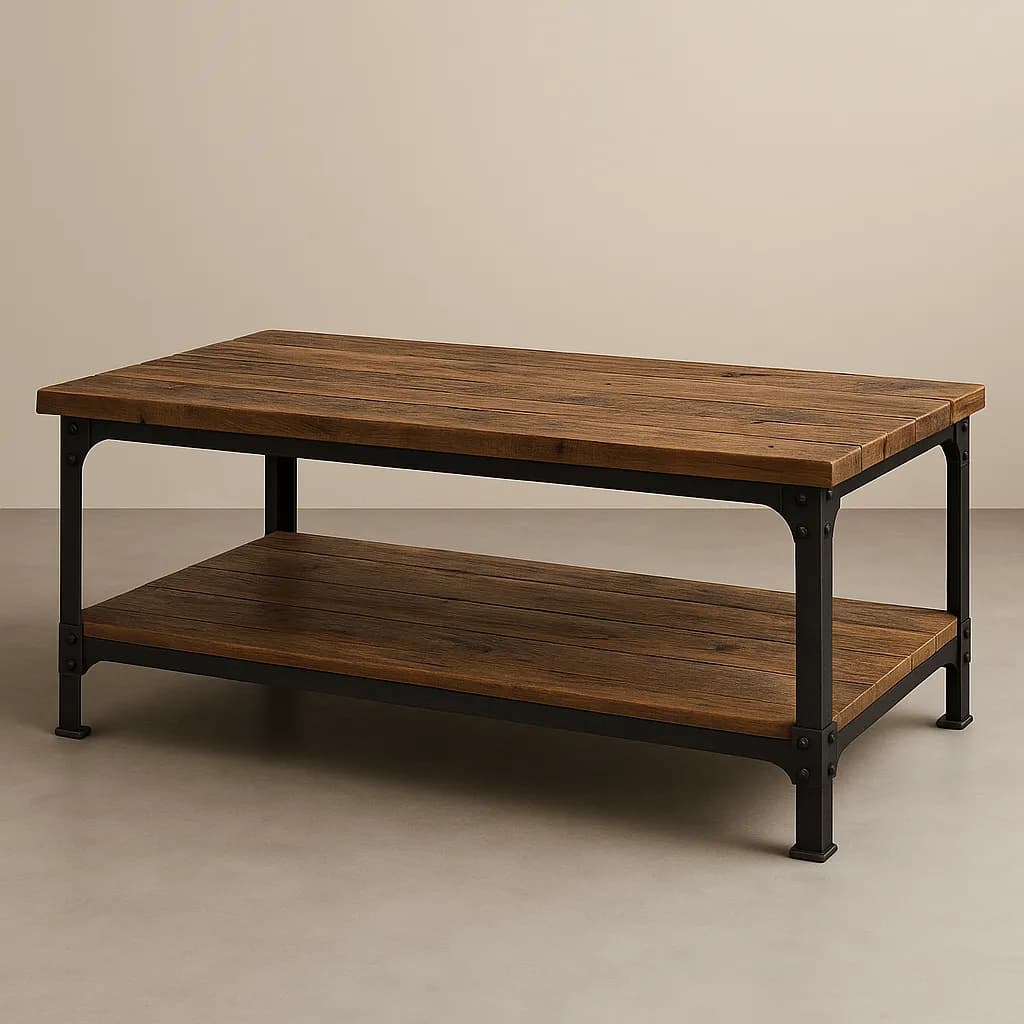 Image transformed with rustic loft patio style: [image-b7cb3761-8e19-492a-8e55-1f084777a1a3] An industrial coffee table with reclaimed barnwood