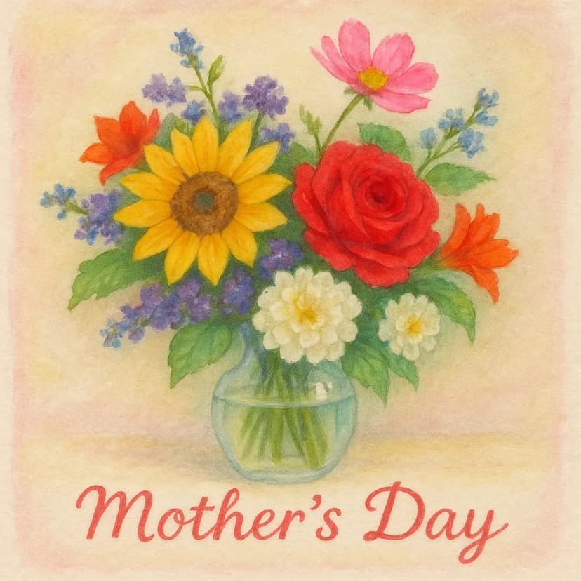 Mother's Day bouquet in the style of a handmade greeting card, watercolor, soft pastels, heartfelt and sentimental