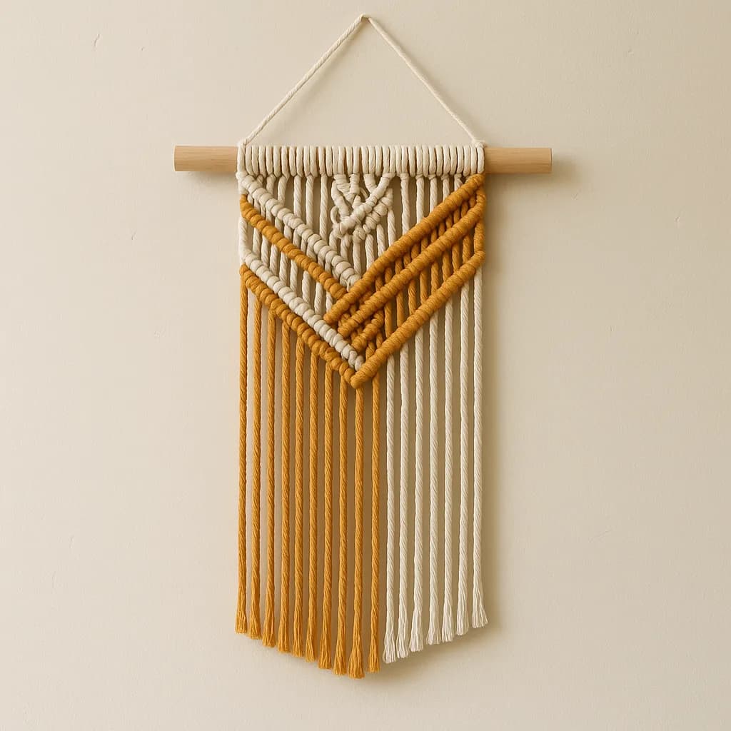 AI generated image: A DIY macrame wall art piece with intricate cream and ochre knots. High-quality digital artwork created with AI image generation.
