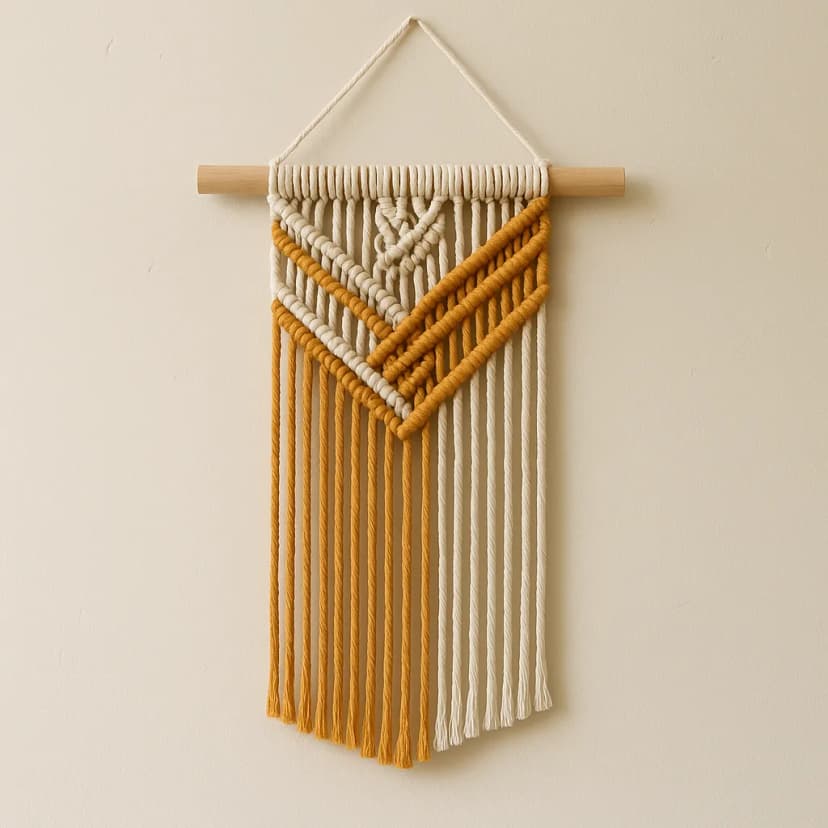 A DIY macrame wall art piece with intricate cream and ochre knots