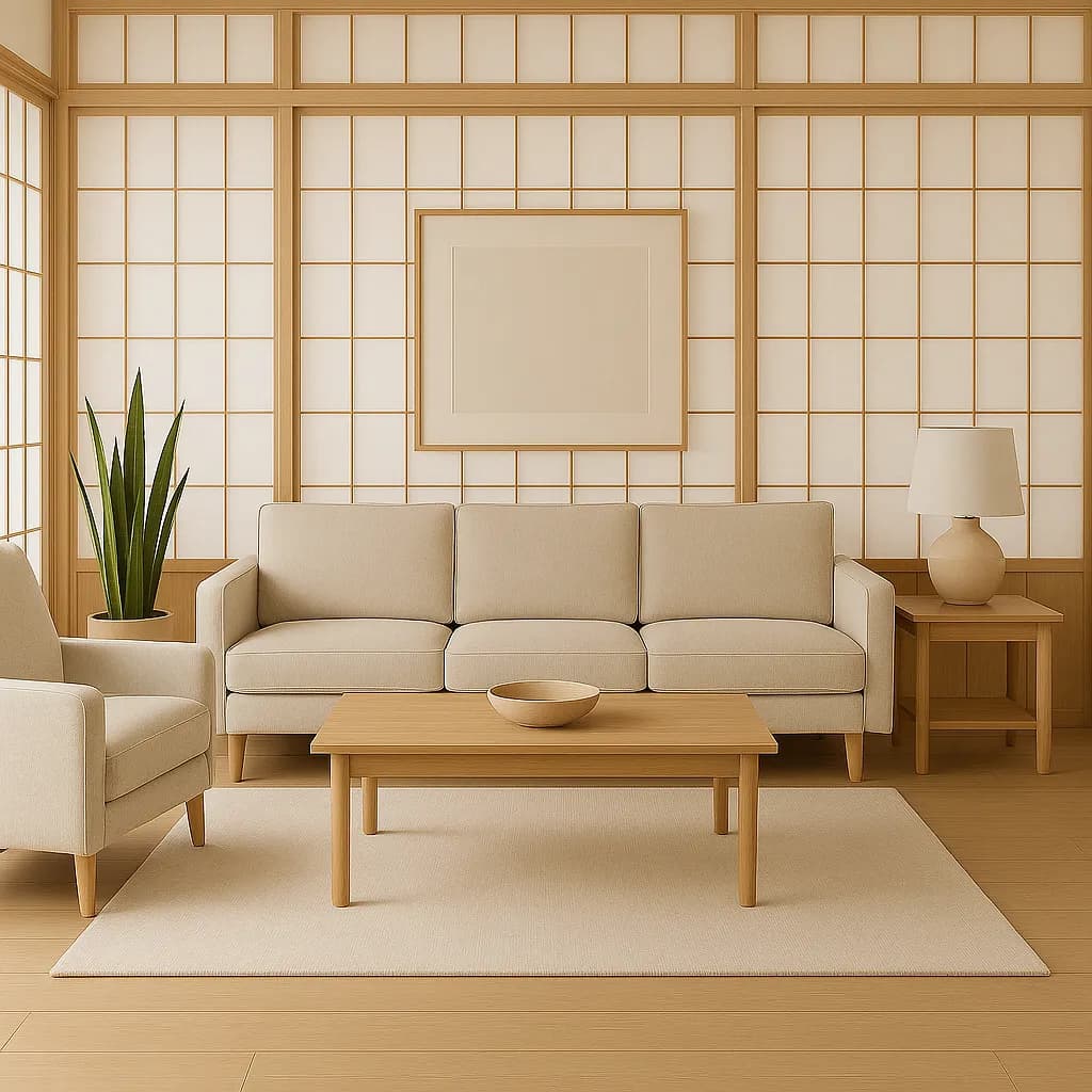 Image transformed with spanish interior design style: [image-8c2fbe57-4860-4916-87a7-4c78107cdc3f] A serene Japandi living room with minimalist shoji screens