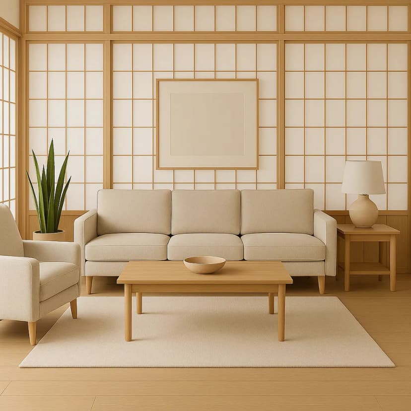A serene Japandi living room with minimalist shoji screens