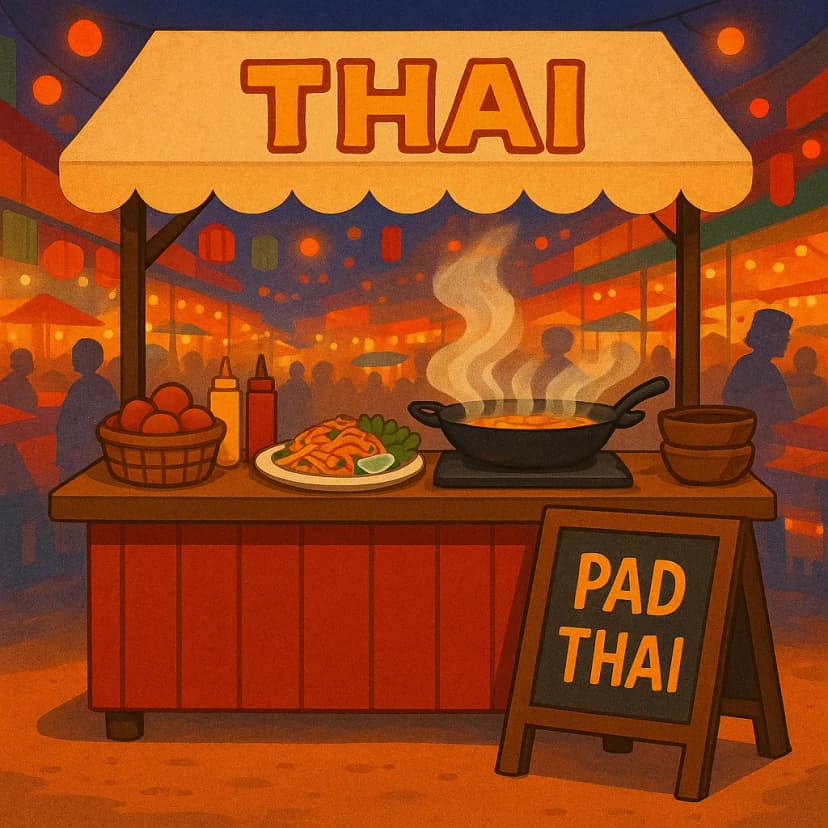 A vibrant Thai street food market with steaming pad thai