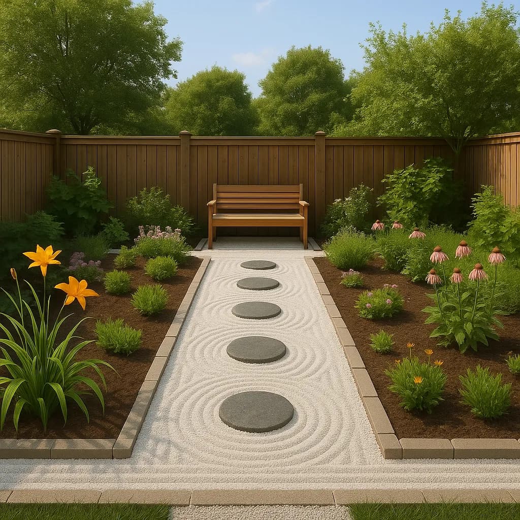 Image transformed with rustic loft patio style: [image-0a9a63d1-e737-442d-a418-e1230ad08b0a] A Zen garden patio with raked white gravel