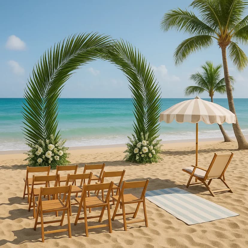 A tropical beach wedding with palm leaf arches