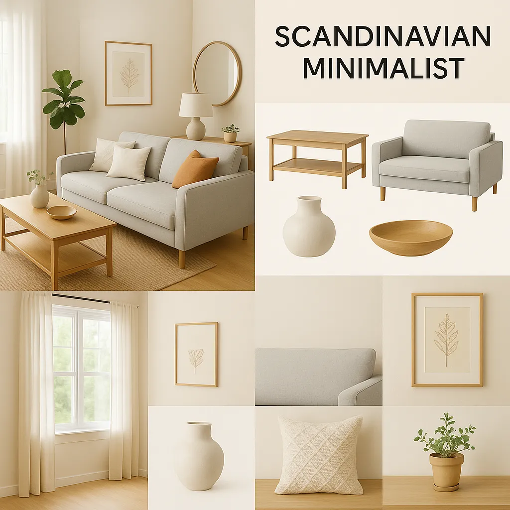 Image transformed with spanish interior design style: [image-7f4f8616-2d77-43cc-b60f-09de59c01176] Interior design vision board in Scandinavian minimalist style, IKEA catalog aesthetic, home renovation inspiration