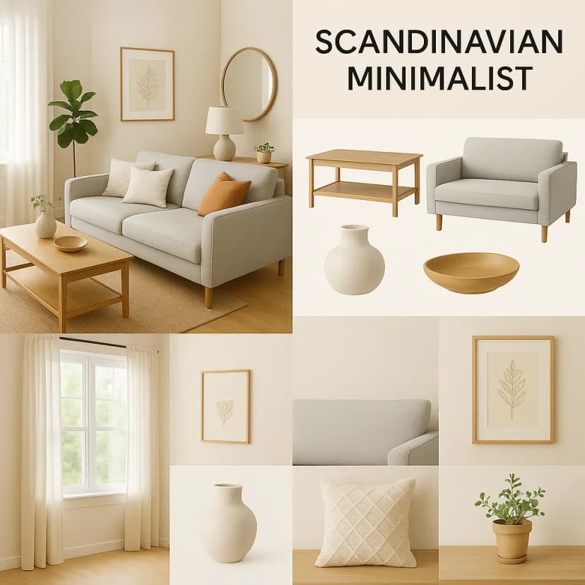 Interior design vision board in Scandinavian minimalist style, IKEA catalog aesthetic, home renovation inspiration