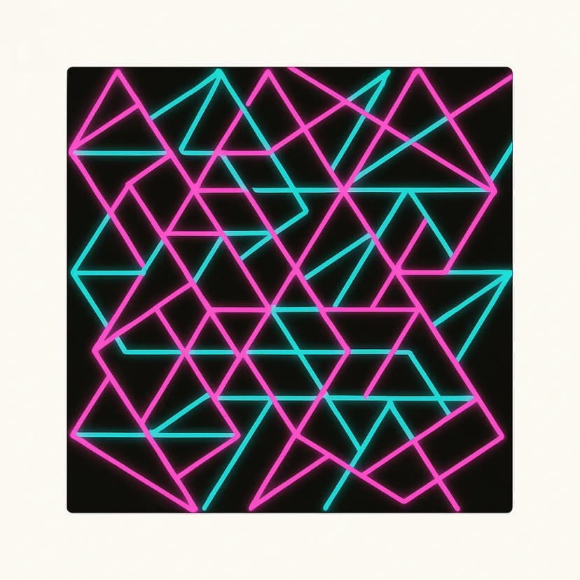 An abstract geometric pattern with interlocking neon triangles in electric pink and teal
