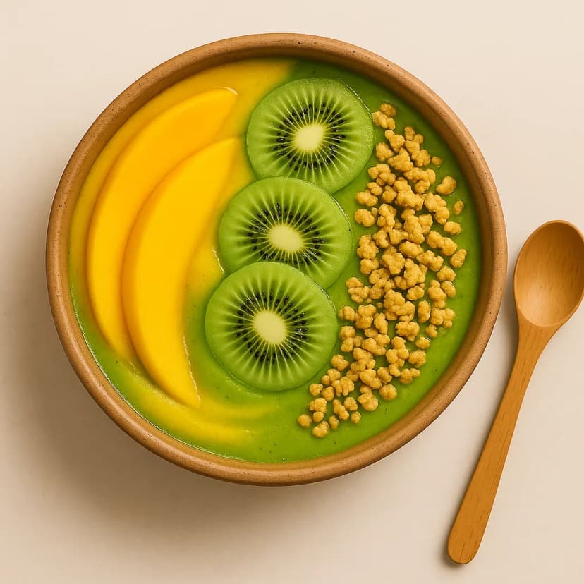 A vegan tropical smoothie bowl with vibrant mango and kiwi swirls