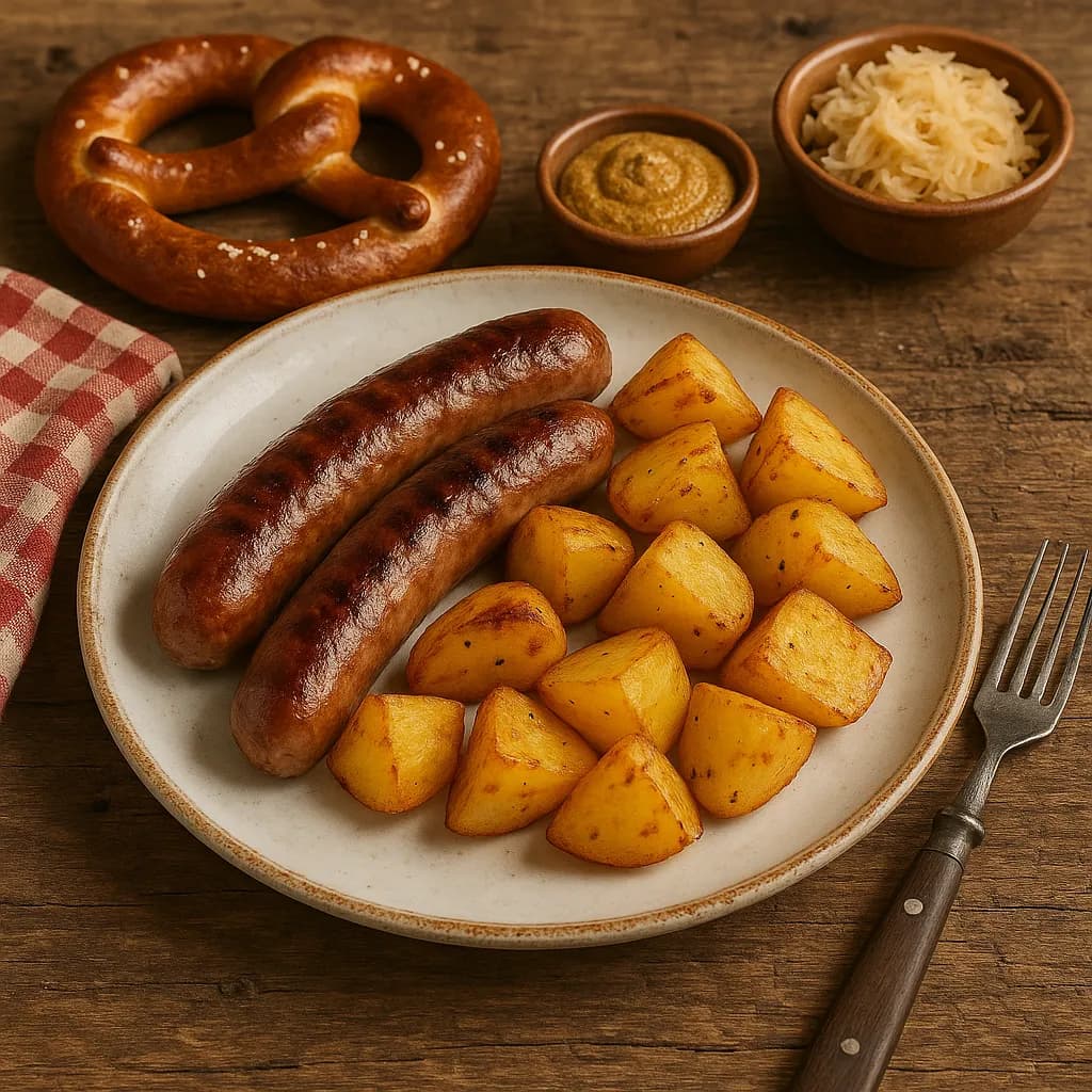 Image transformed with rustic loft patio style: [image-ee575393-5a96-4a0b-b7d4-9e8f97e9d0f5] A rustic German feast on a weathered oak table